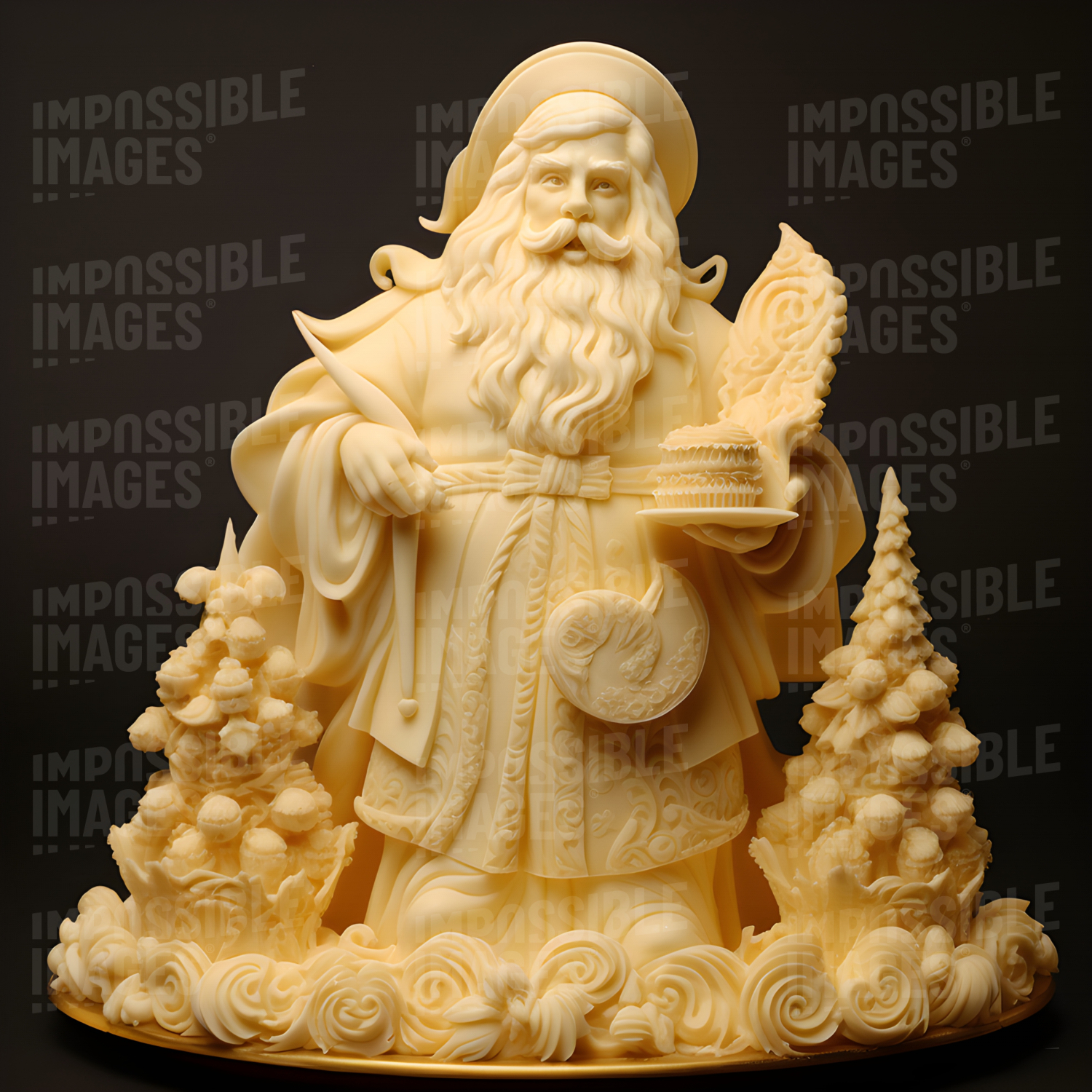 Santa carved from butter -  Santa Claus, carved from a block of butter, stands tall in the center of the room. His jolly face and rosy cheeks bring a smile to all who see him.