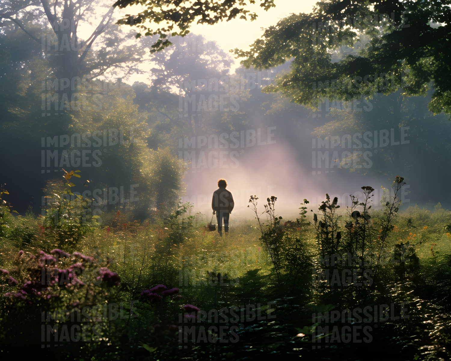 A man stood in a beautiful clearing in the woods