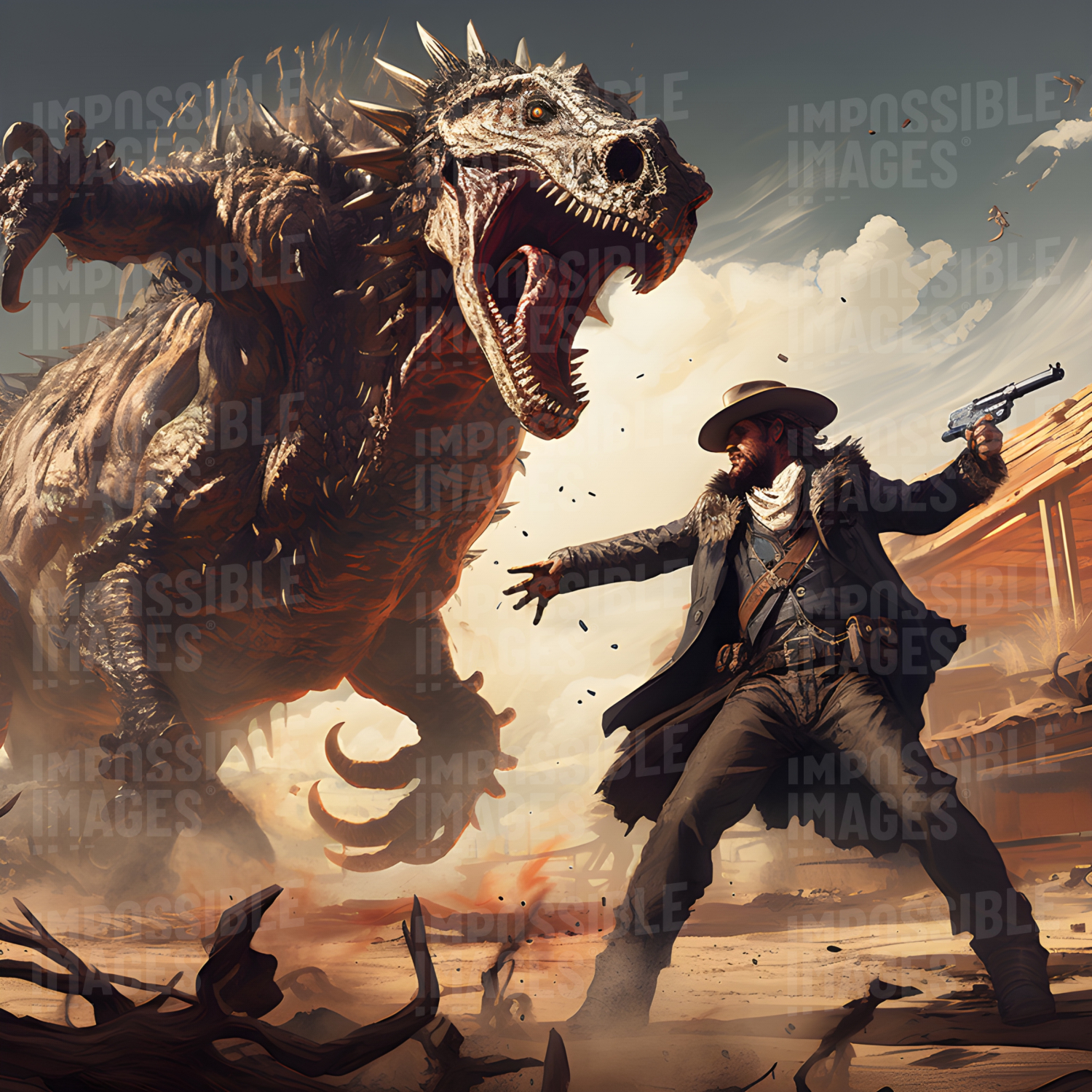 Wild West cowboy facing off against a reptillian kaiju -  A Wild West cowboy stands ready to face off against a giant reptilian creature from another world in an epic showdown.