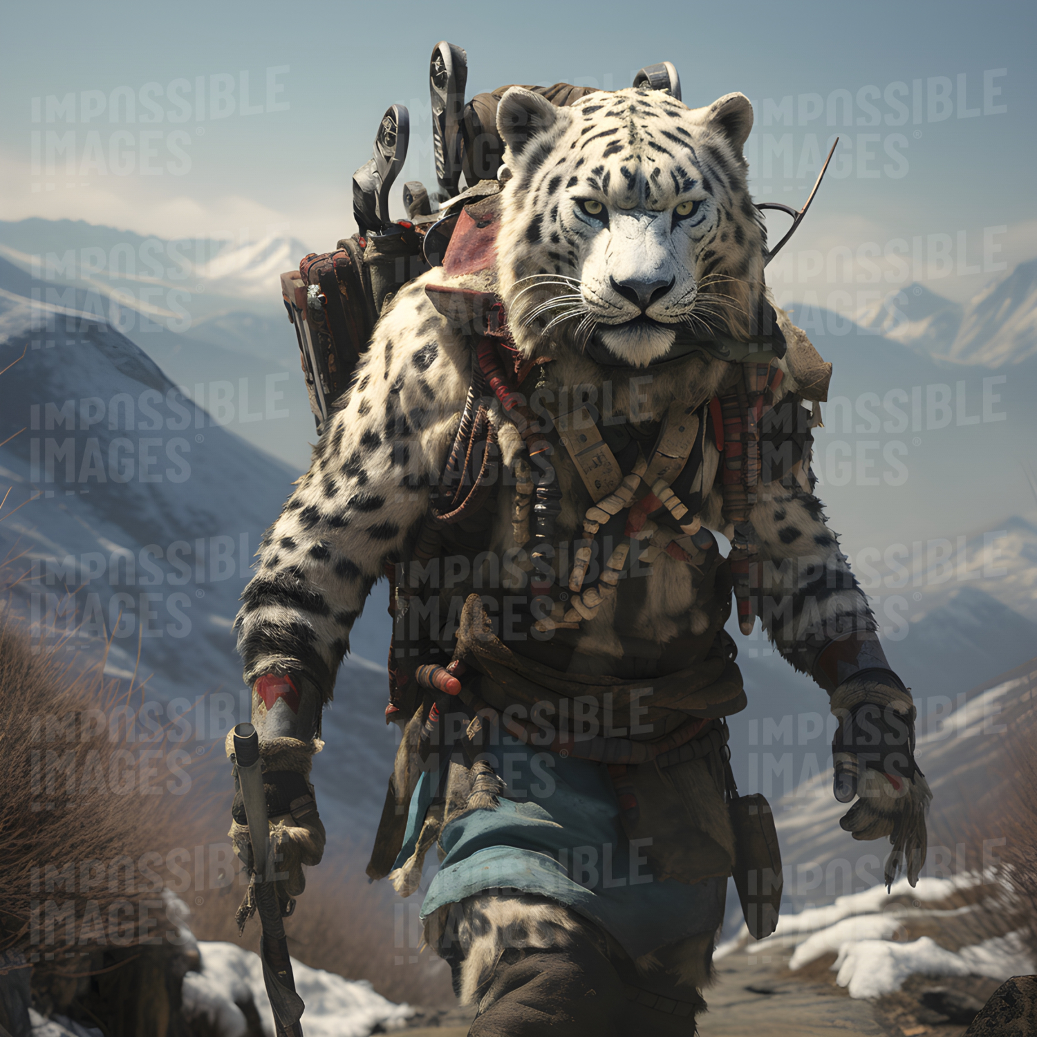 Anthopormorphic snow leopard exploring the mountains -  A snow leopard embarks on an adventure, exploring the majestic mountains, discovering the beauty of the wild and learning about its own identity.