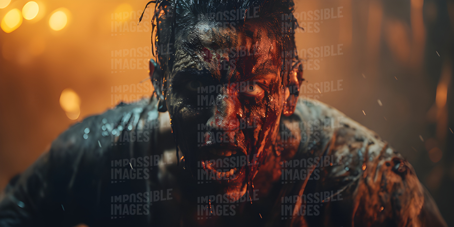 Cinematic shot of a blood-soaked zombie approaching -  A close-up of a zombie, its face and clothing covered in blood, slowly walking towards the camera.