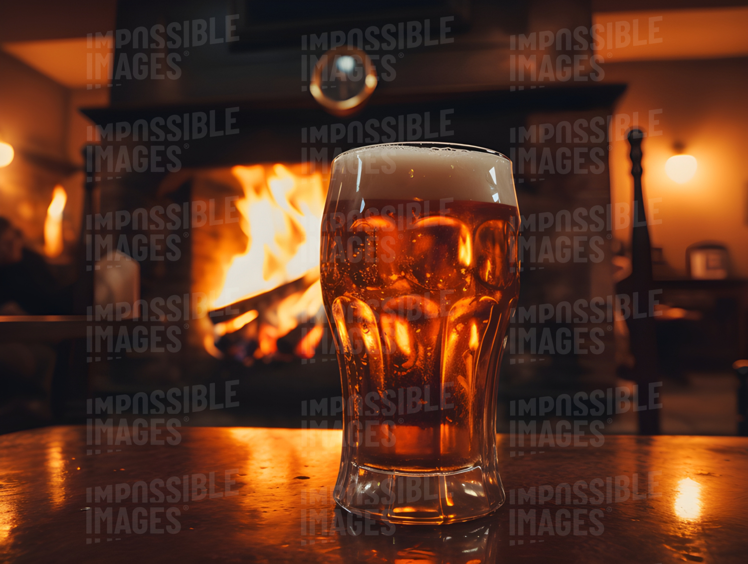 A pint near a fire in a warm pub]