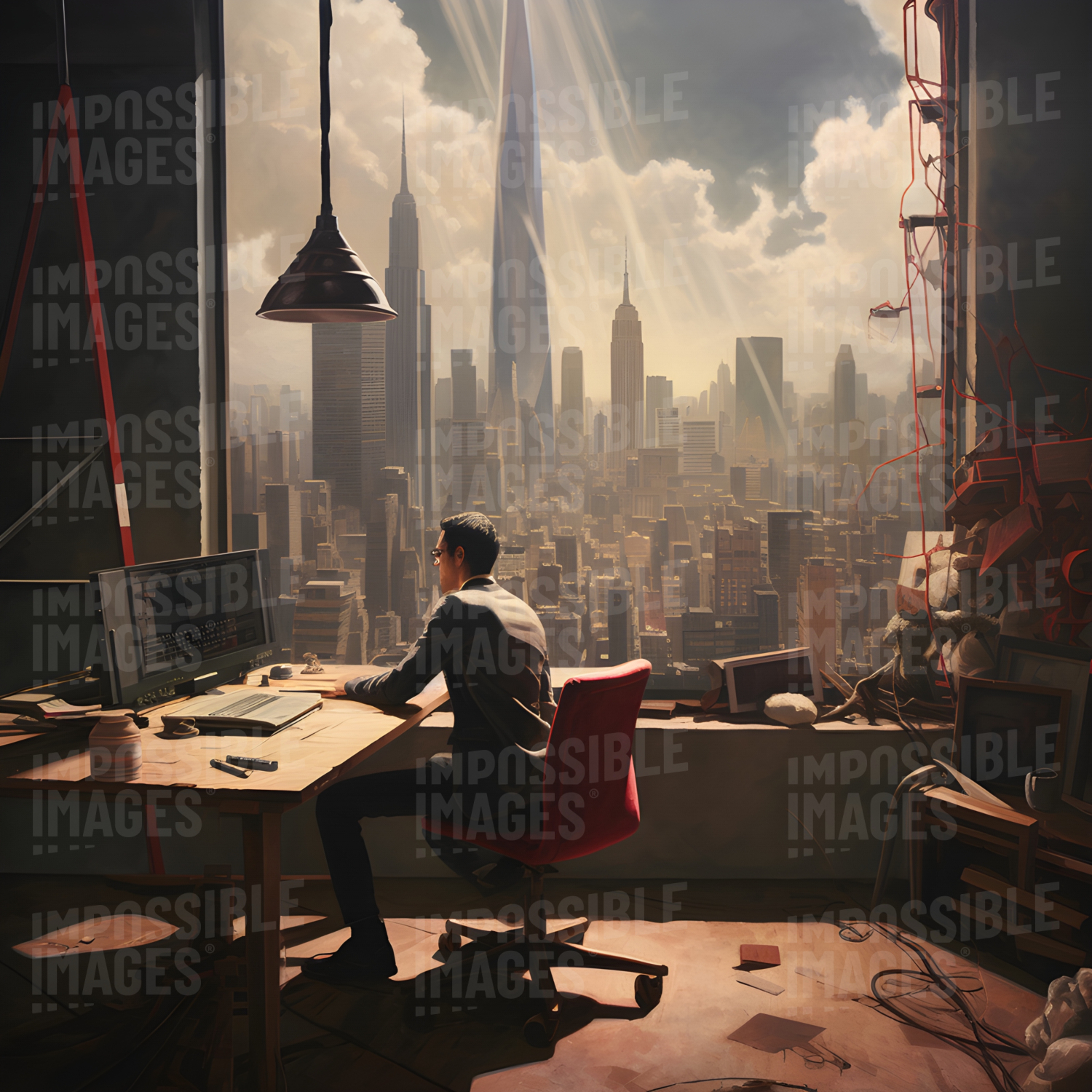 Retro-futurist painting of an office worker sat at a computer desk in front of a huge window overlooking a sci-fi city skyline - 