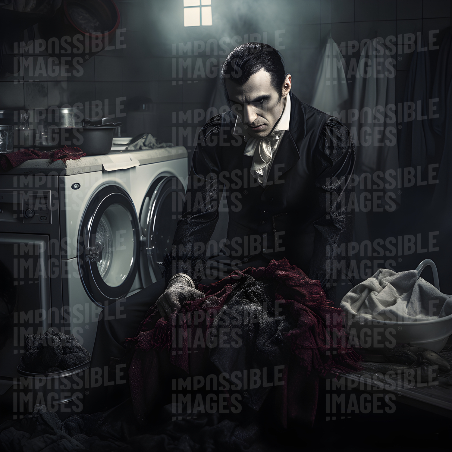 A sad vampire doing laundry