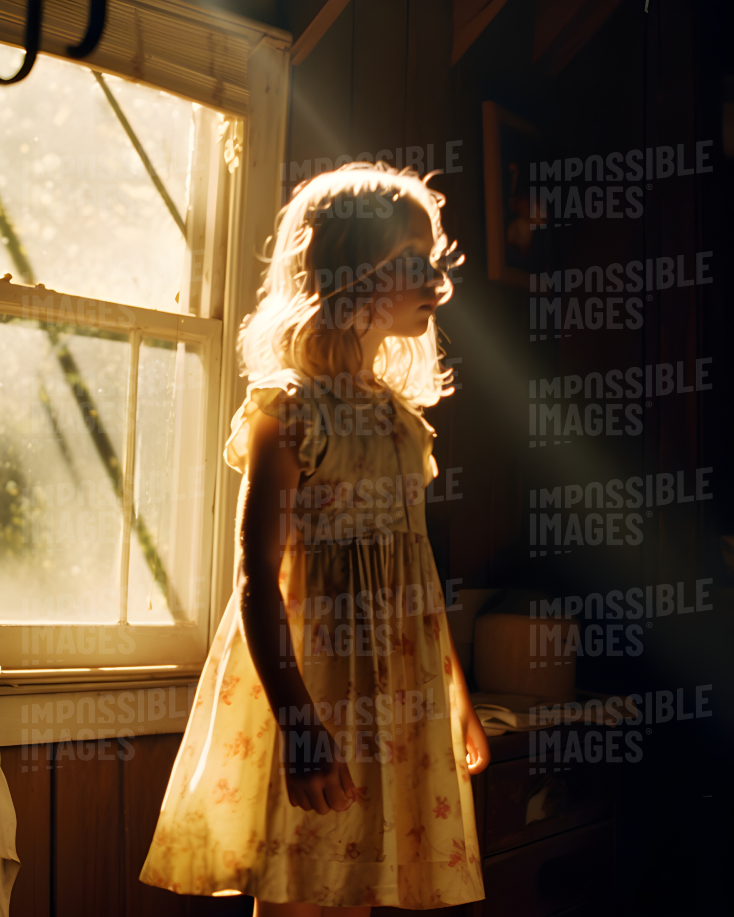 A girl standing in rays of sunlight
