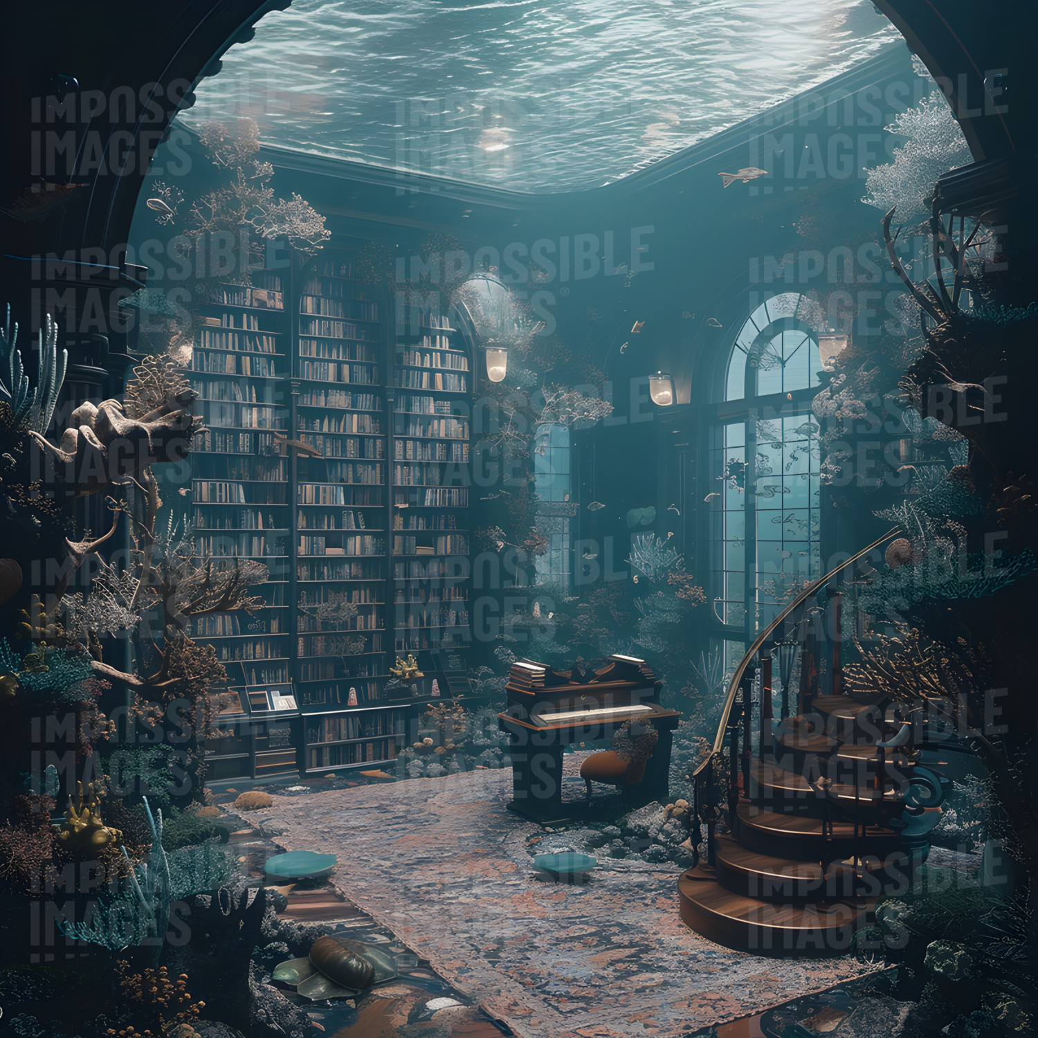 Beautiful underwater Victorian library