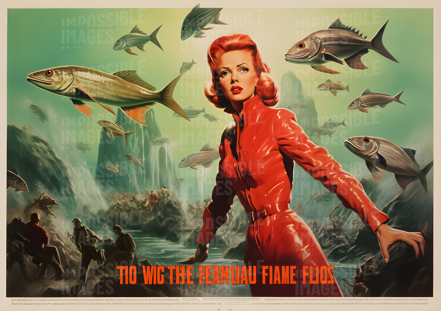 1950s style sci-fi movie poster showing a young heroine in a red plastic overall exploring an undersea world - 