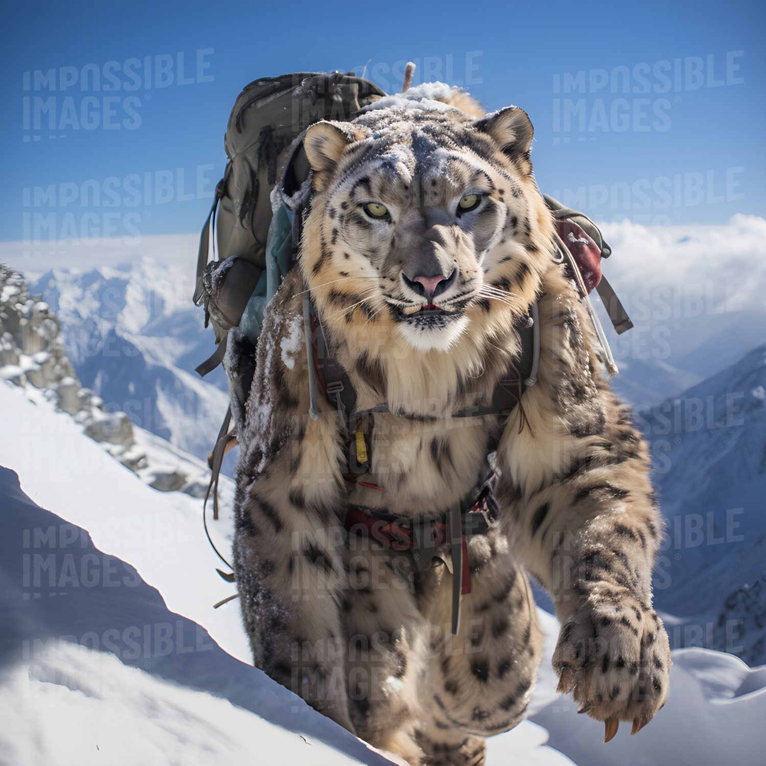 Anthopormorphic snow leopard exploring the mountains