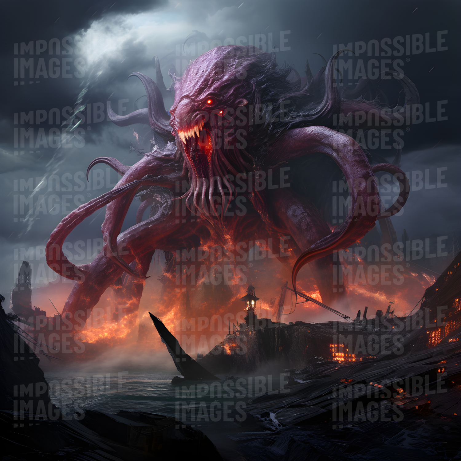 Tentacled kaiju attacking a coastal town -  Giant tentacled monster wreaks havoc on a small coastal town, destroying buildings and terrorizing the inhabitants.