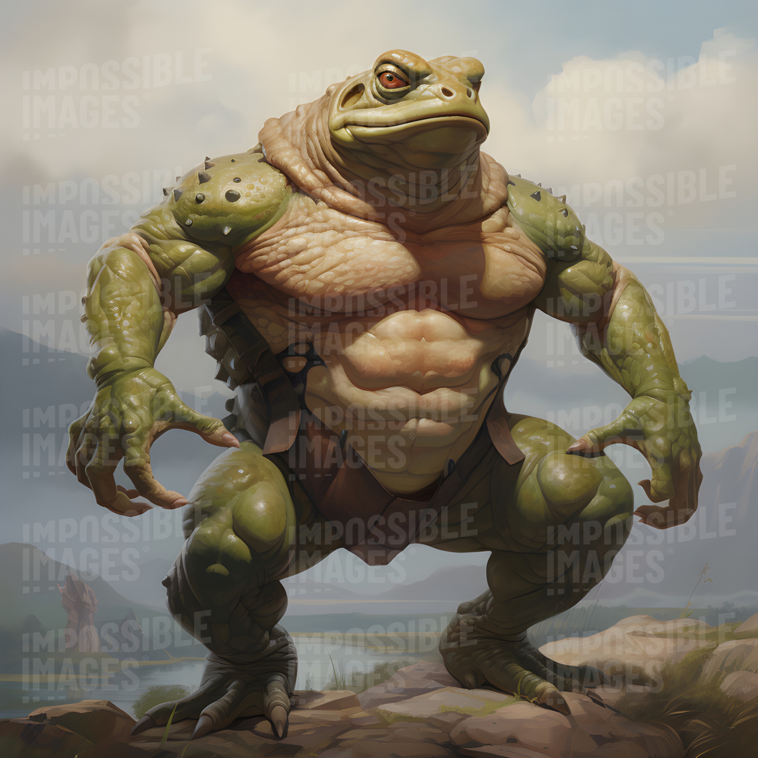 Extremely muscular frog -  An extremely muscular frog, with bulging biceps and a powerful physique, capable of leaping great distances.