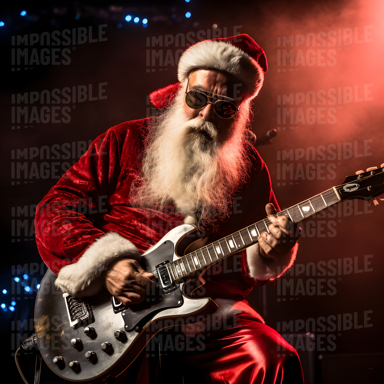 Cool Christmas Santa playing rock guitar on stage -  Cool Santa rocks out on stage, playing electric guitar and spreading Christmas cheer.