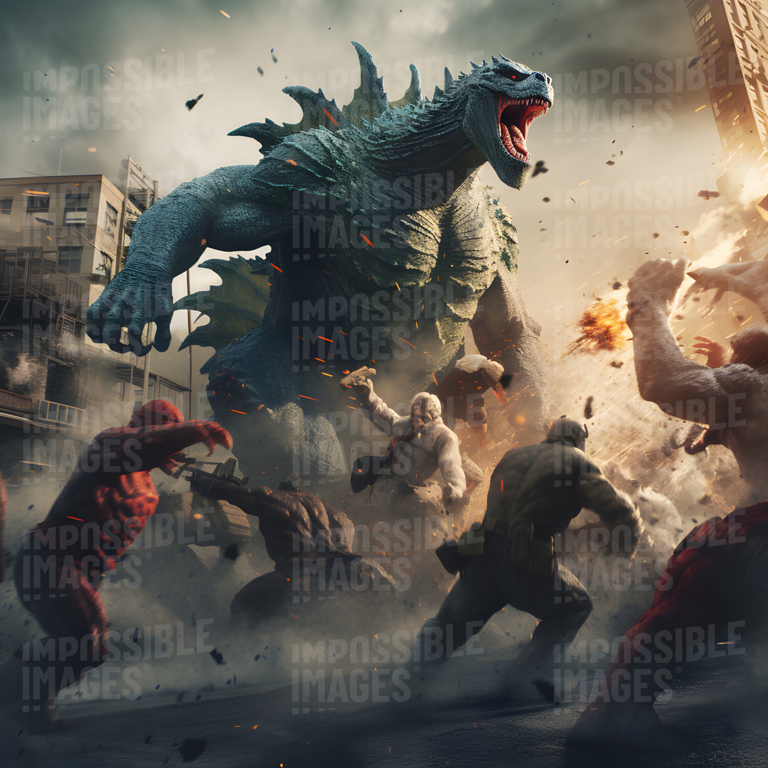 Kaiju battling muscular mutant superheroes on a city street