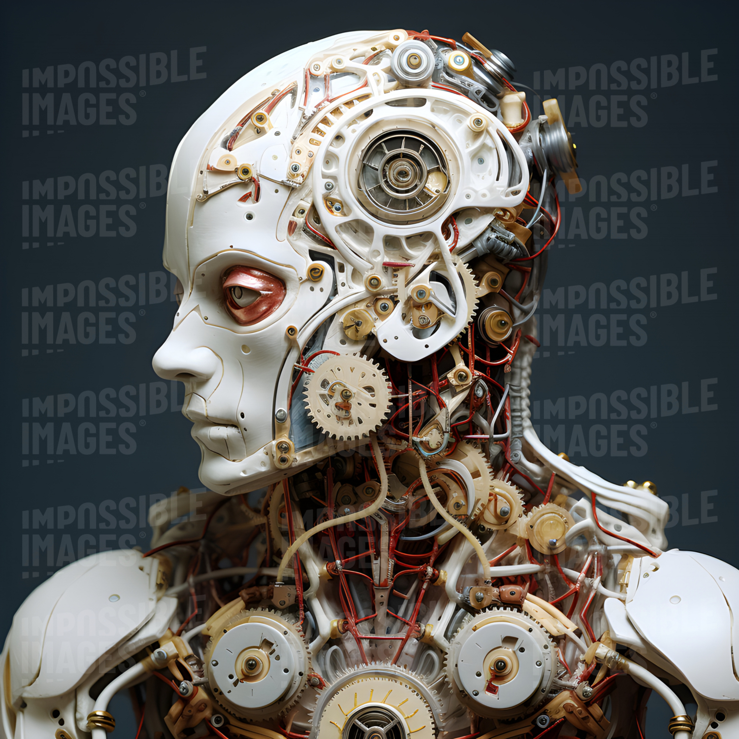 Ornate model of a stylised human head with complex clockwork inside -  An intricately crafted model of a stylised human head, with a complex clockwork mechanism inside, intricately designed and decorated.