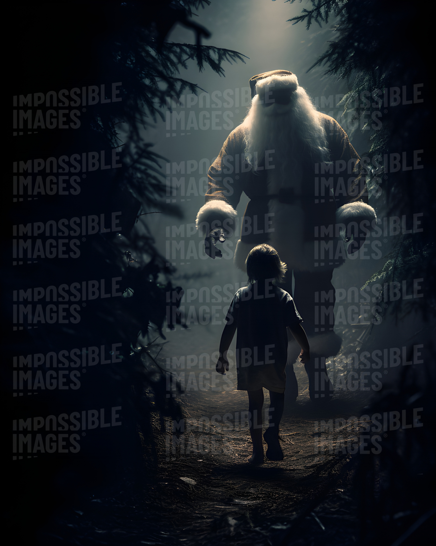 A young boy being stalked by santa in the woods -  A Young Boy is Terrorized by Santa Claus in a Dark and Spooky Forest.