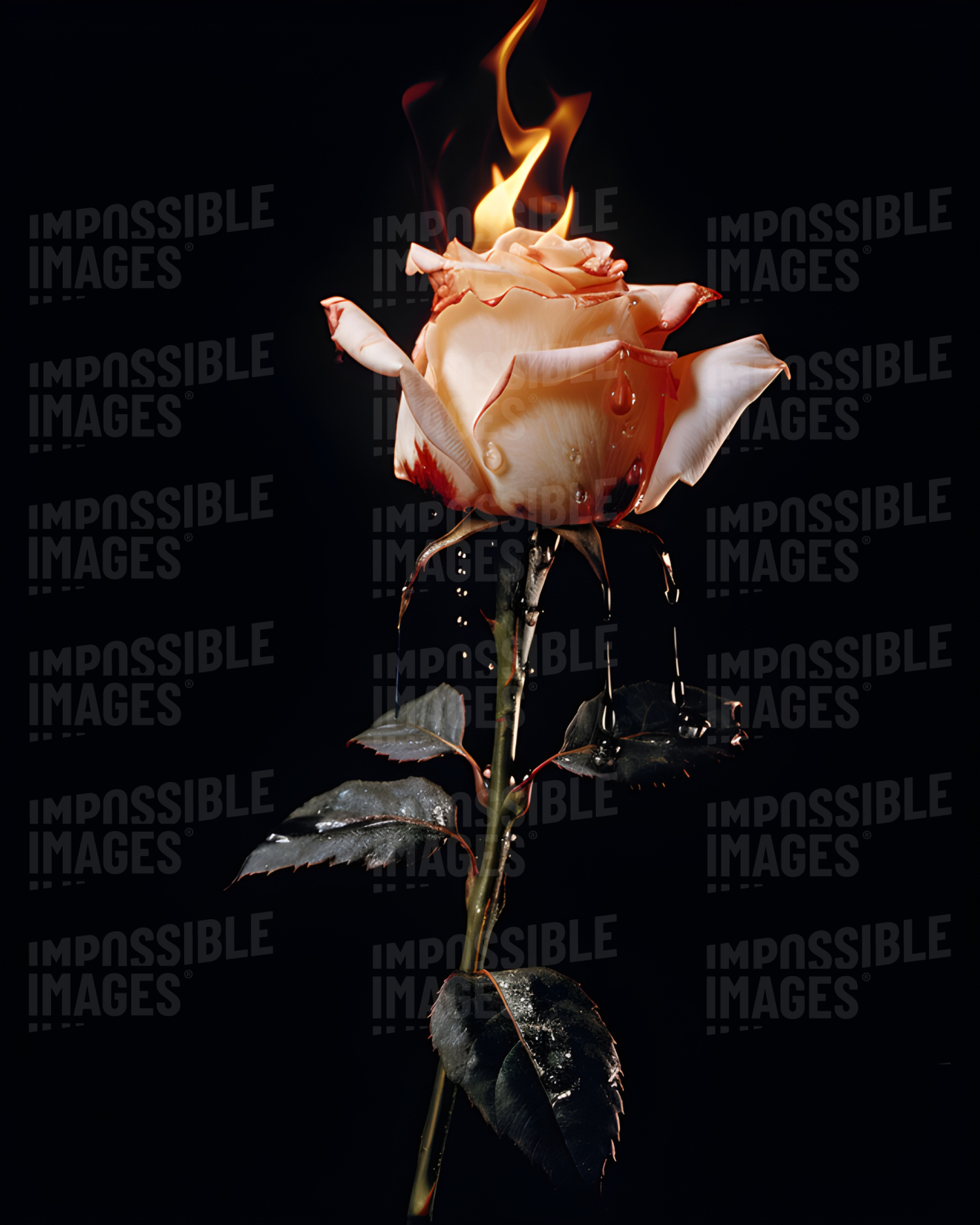 An aflame white rose dripping water