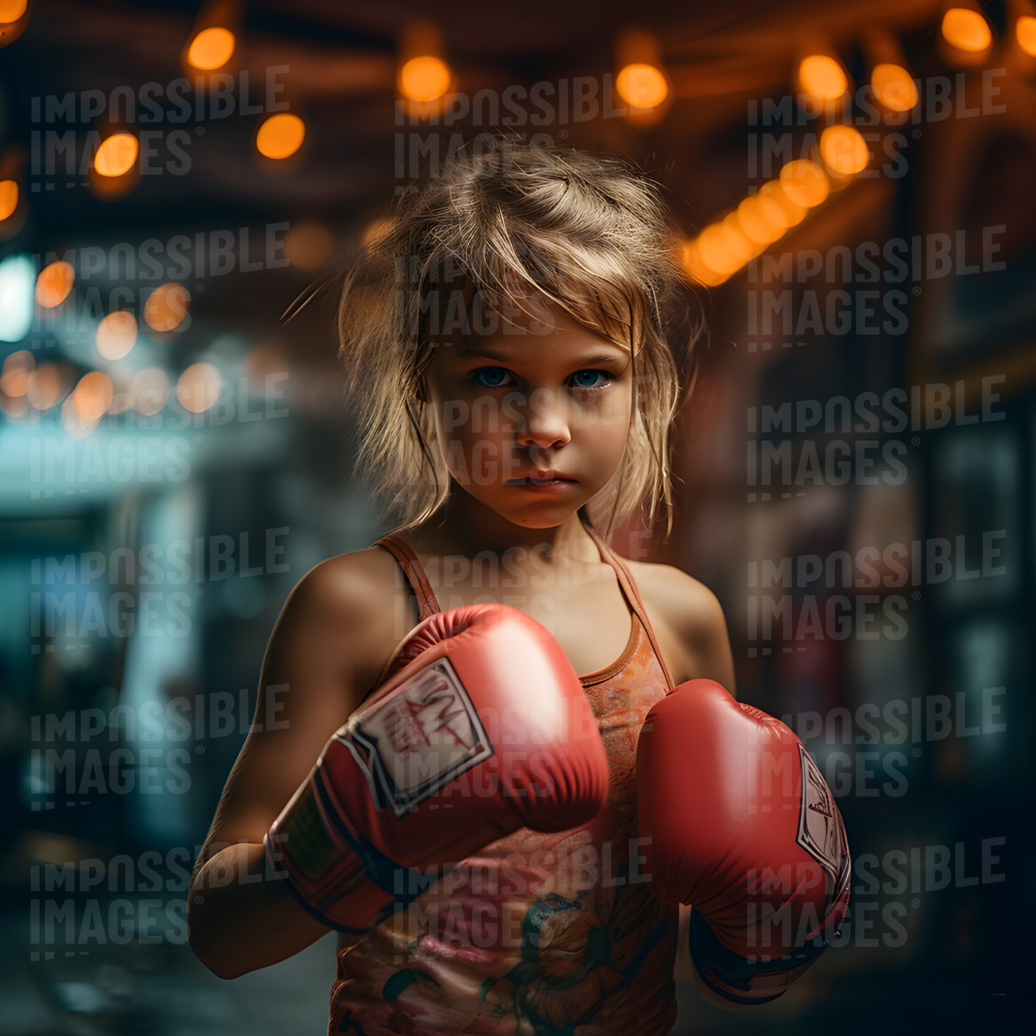 Small child wearing boxing gloves and ready to fight