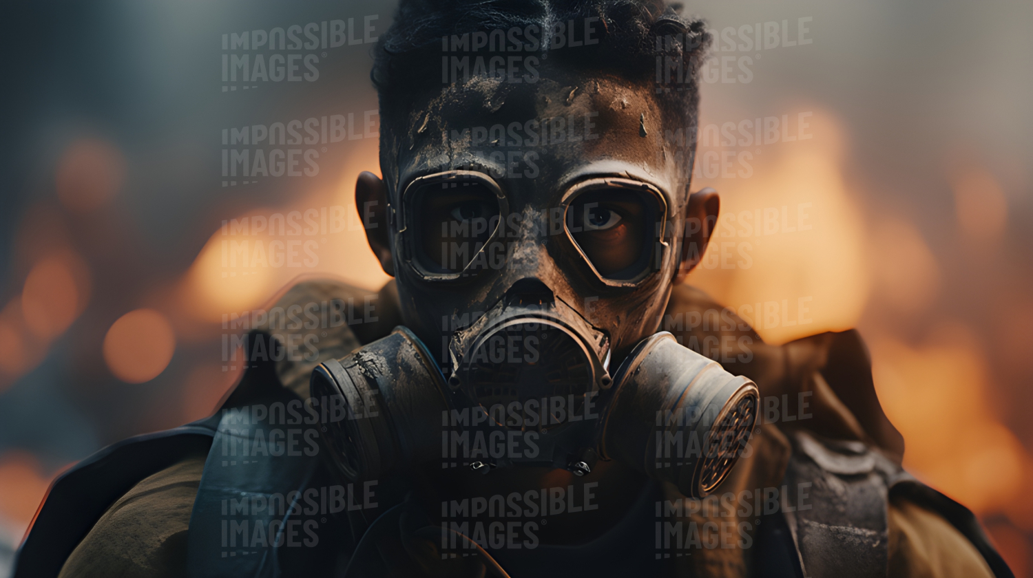 Person wearing a gas mask in a burning post-apocalyptic landscape