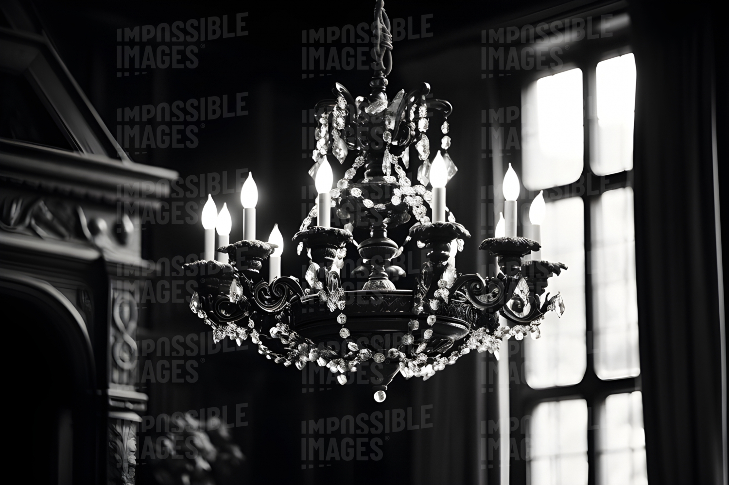 High contrastblack and white photo of an ornate chandelier hanging in the halway of a stately home