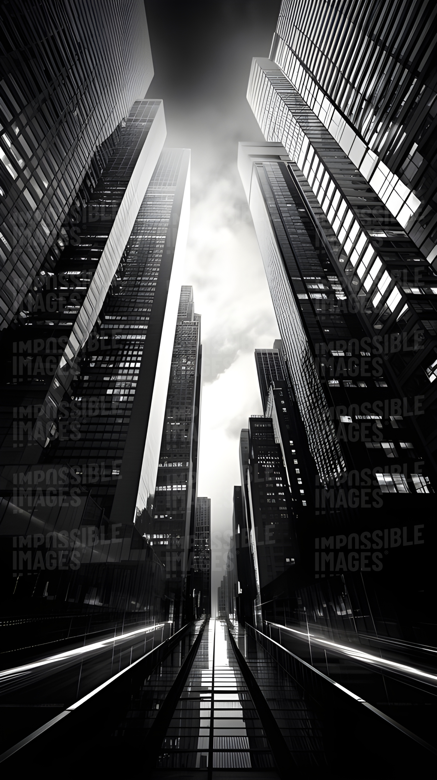 Striking black and white high contrast photo of a city of modern skyscrapers receding into the distance - 