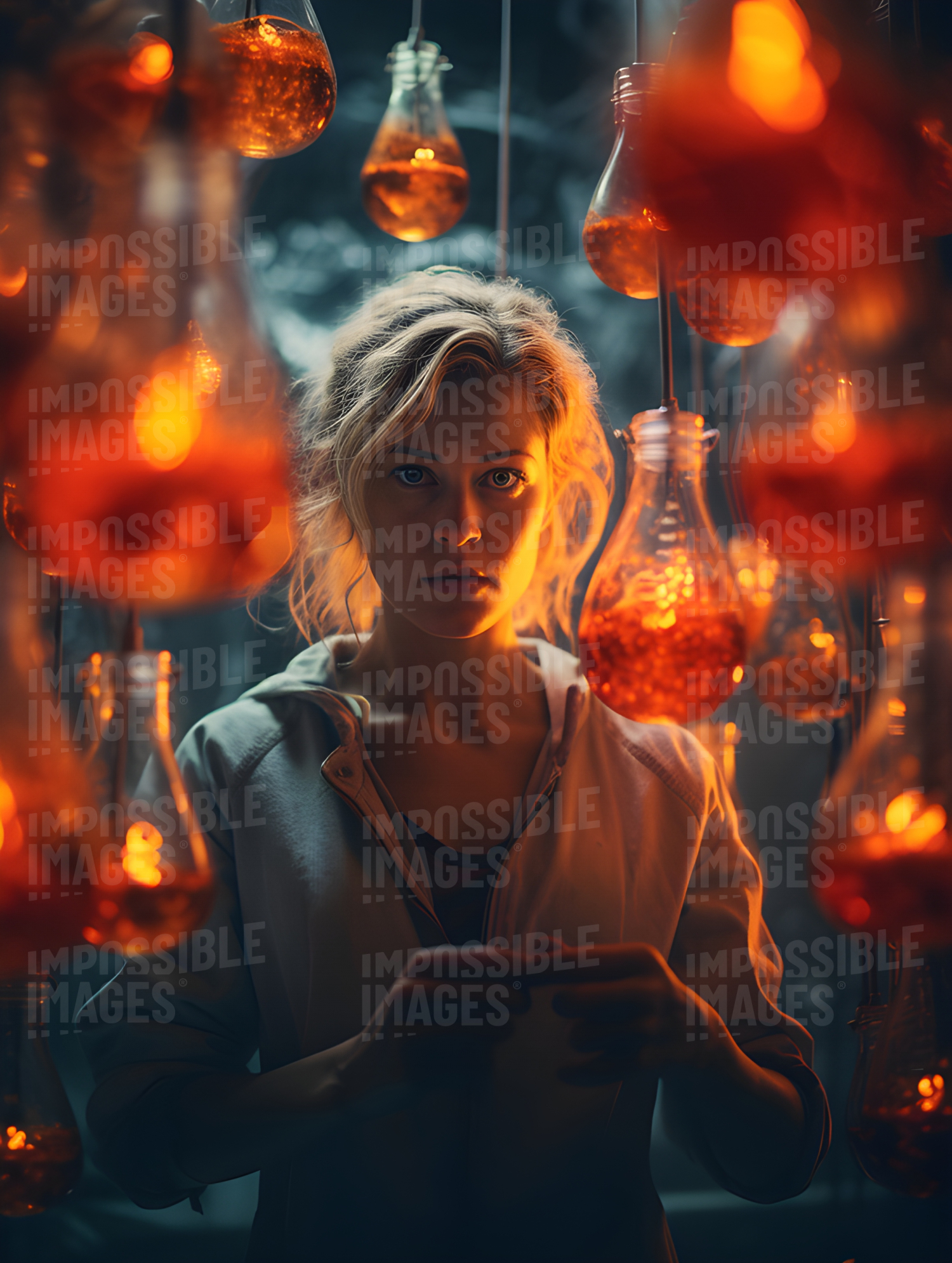 Female scientist making orange potions in light bulbs