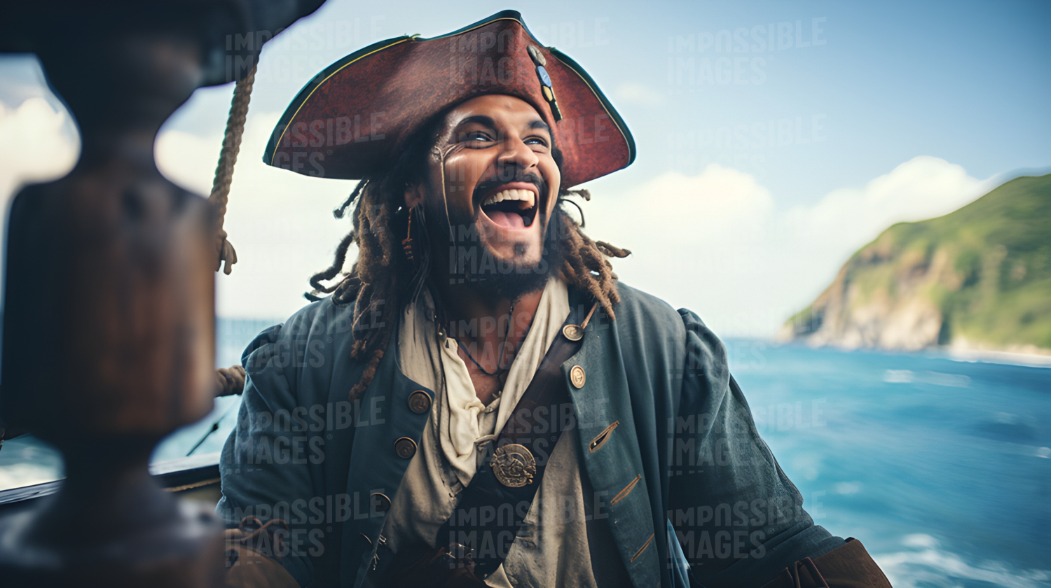 Laughing West Indian pirate aboard ship in the Caribbean