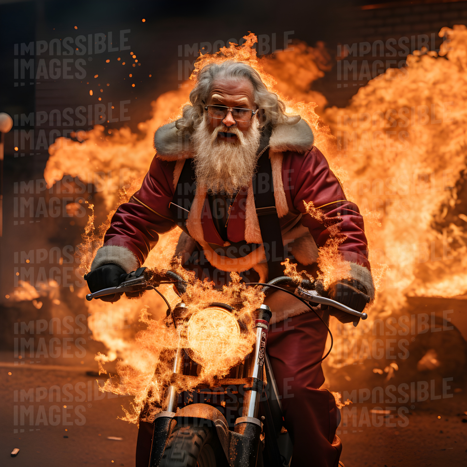 Santa escaping a fiery wreck