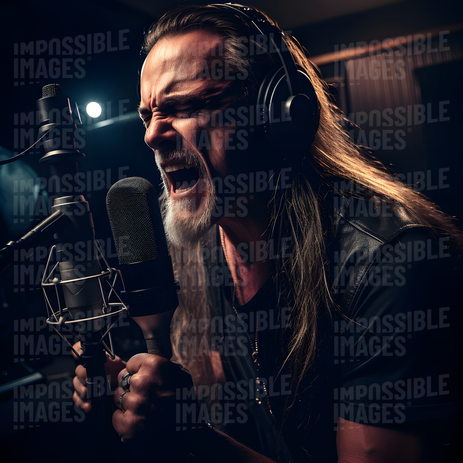 Bearded heavy metal singer performing emotionally in a recording studio -  Bearded heavy metal singer passionately performing in a recording studio, belting out powerful vocals and shredding on guitar.