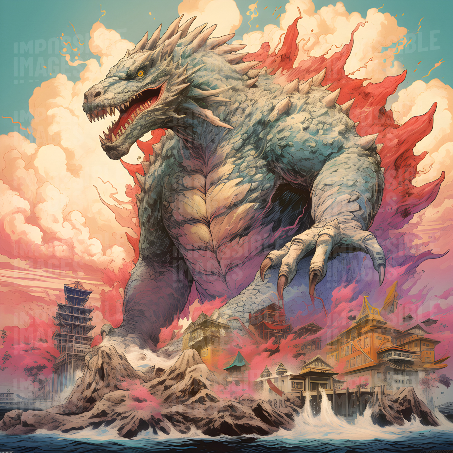 Traditional style art of a kaiju towering over a 19th century Japanese town