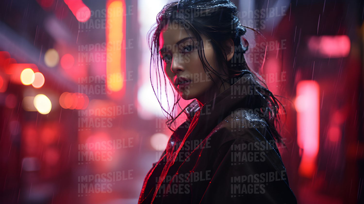 Atmospheric shot of a young Japanese woman on a neon-lit, rain-streaked street