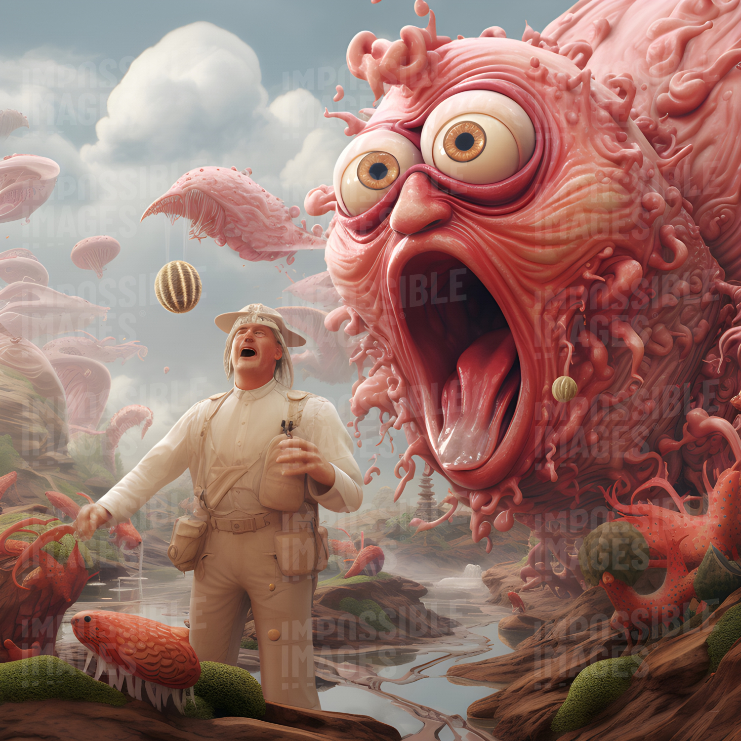 Grotesque pink semi-human tentacled creature chases a man in strange clothes through a weird surreal landscape - 
