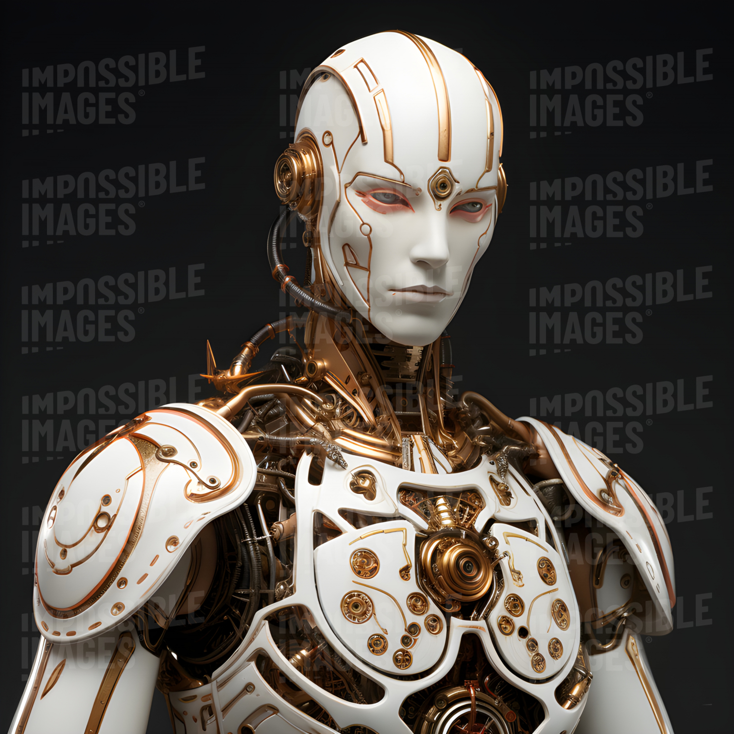 Ornate white and gold clockwork humanoid robot -  An ornate white and gold humanoid robot, crafted from intricate clockwork parts, stands motionless, ready to be brought to life.