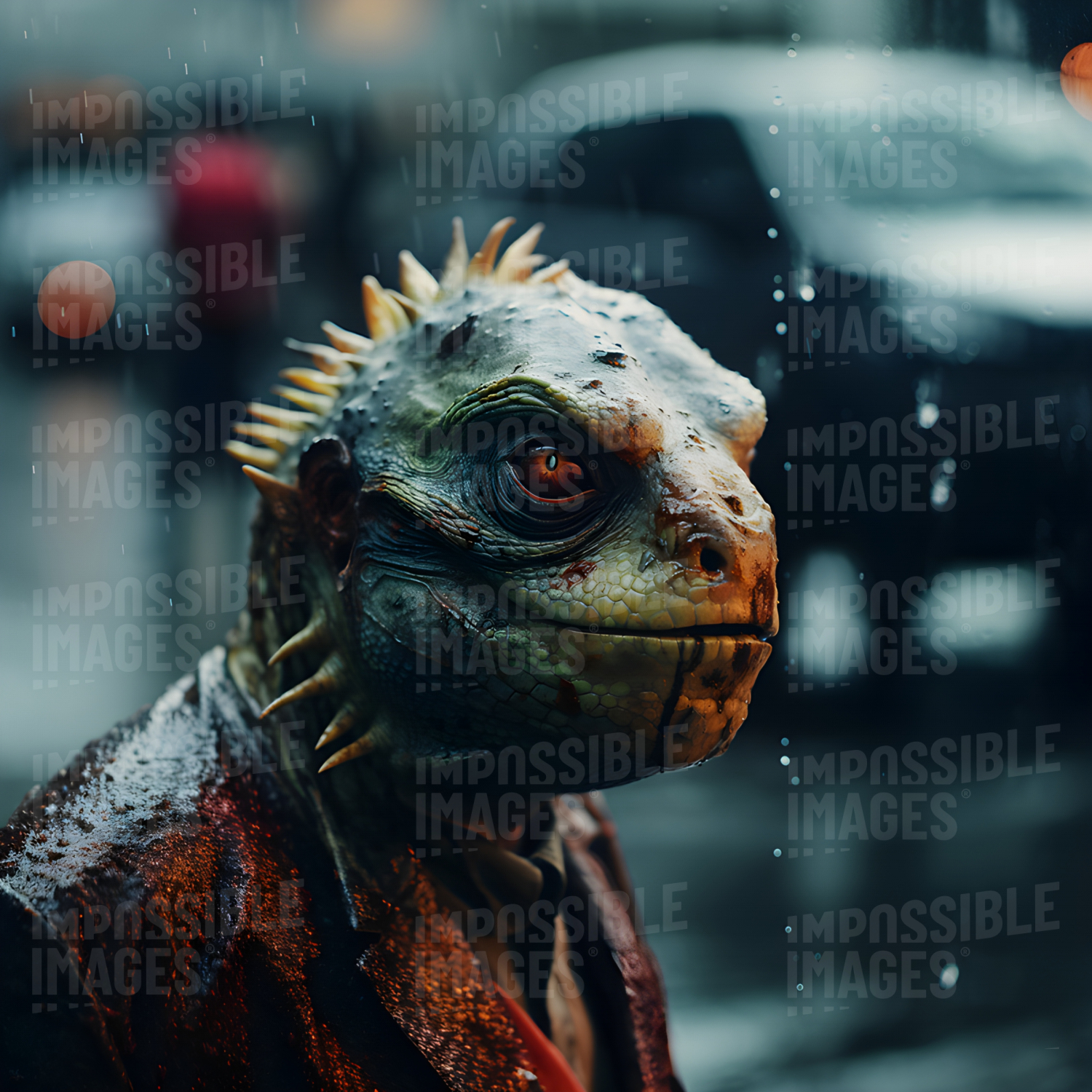Reptile man stood in a rainy city street