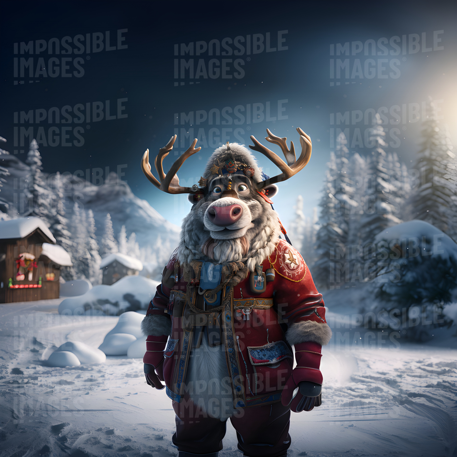 CGI rendered cartoon anthropomorphic friendly Christmas reindeer stood in an arctic forest clearing -  A CGI-rendered cartoon of a friendly anthropomorphic reindeer stood in a clearing in an arctic forest, ready for Christmas.