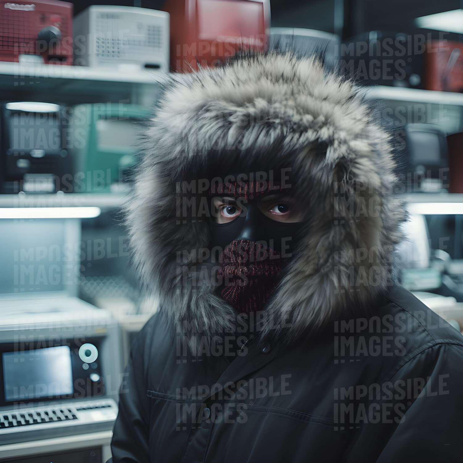 A person in a ski mask wearing a parka with the hood up; only their eyes are visible. - 