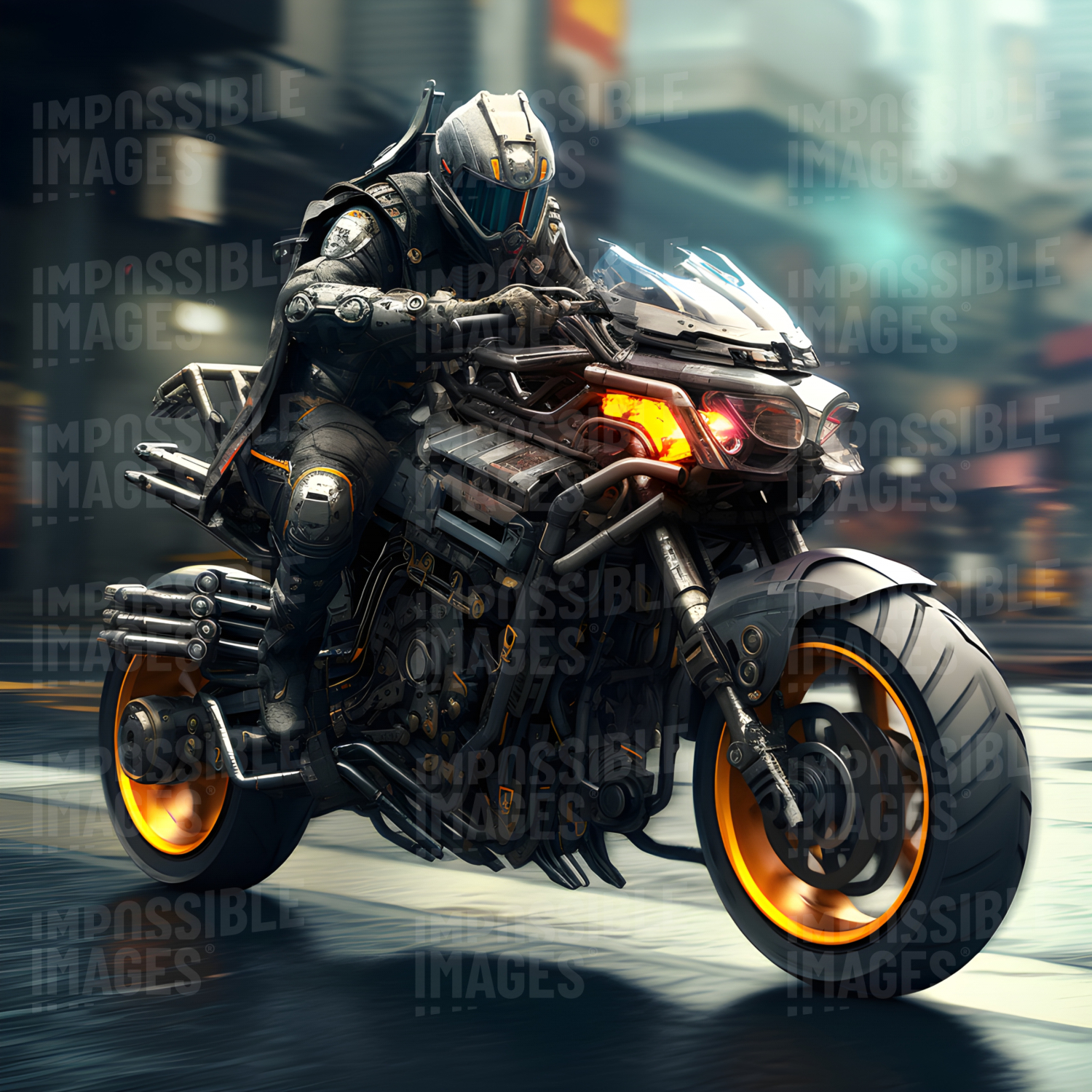 Futuristic motorcycle with an armoured rider -  A Futuristic Motorcycle with an Armored Rider, Ready to Take on Any Challenge that Comes Their Way.