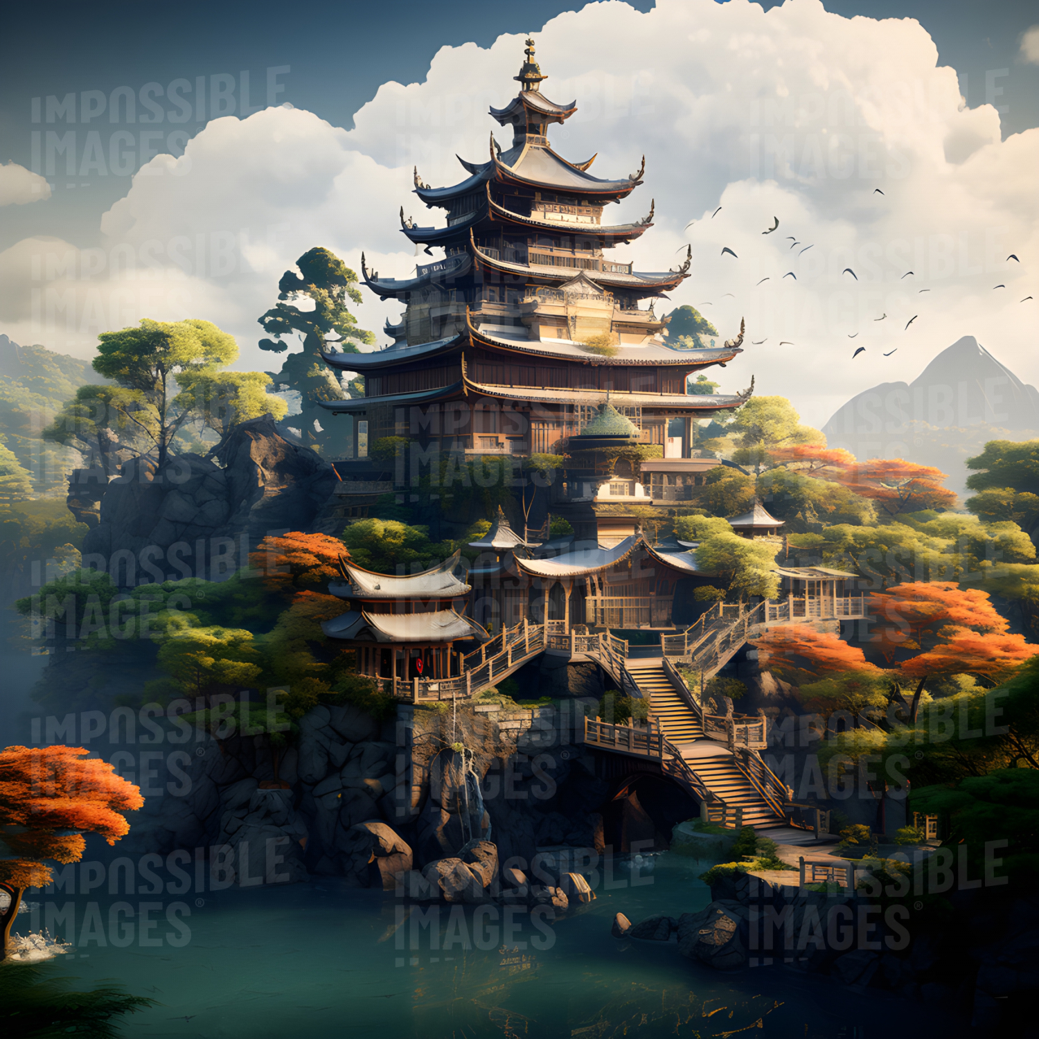 Concept art of a fantastic traditional Japanese mansion in the mountains