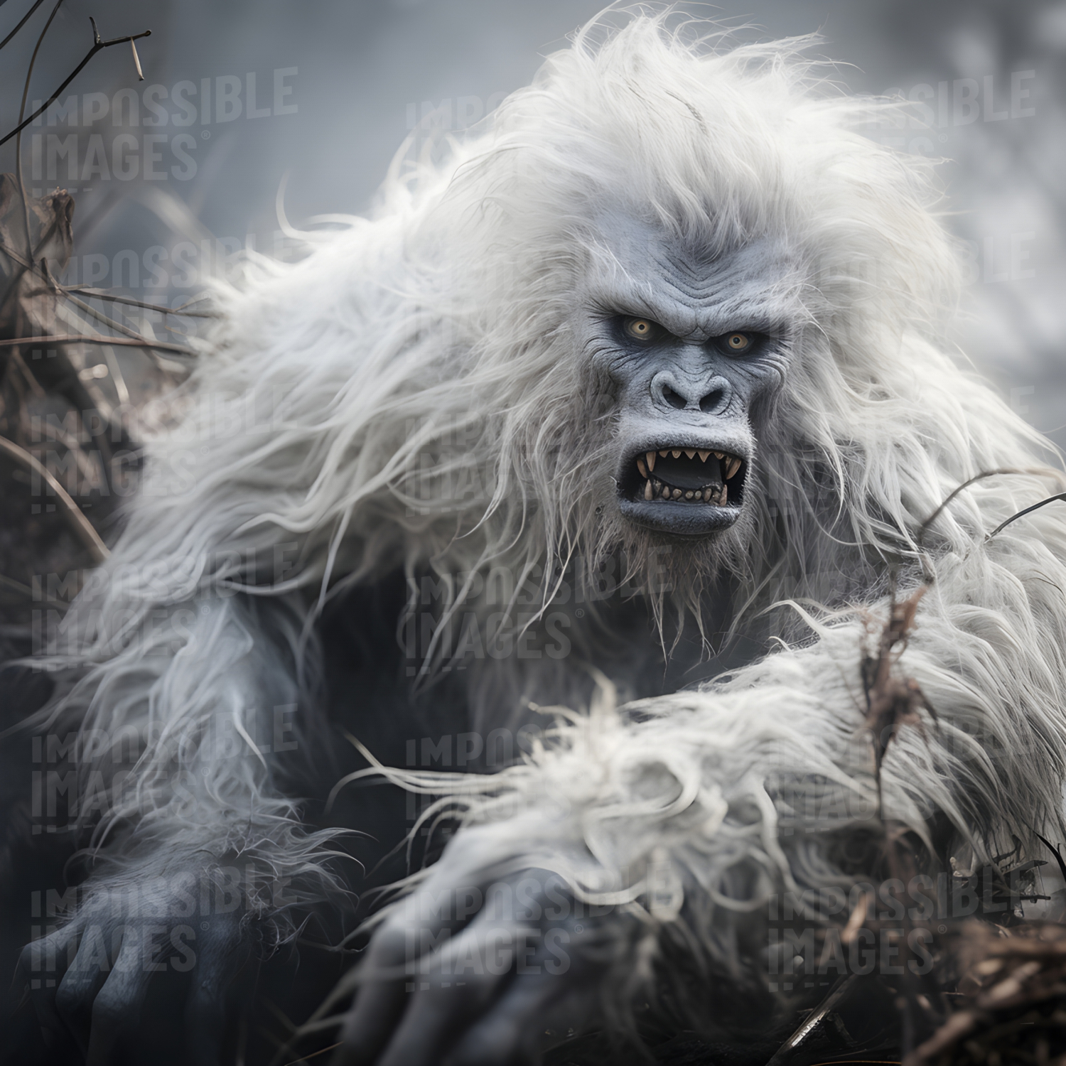 Threatening yeti approaching through the woods -  Mysterious yeti spotted in the woods, slowly advancing towards unsuspecting hikers. Fear and panic ensue as the creature's intentions remain unknown.