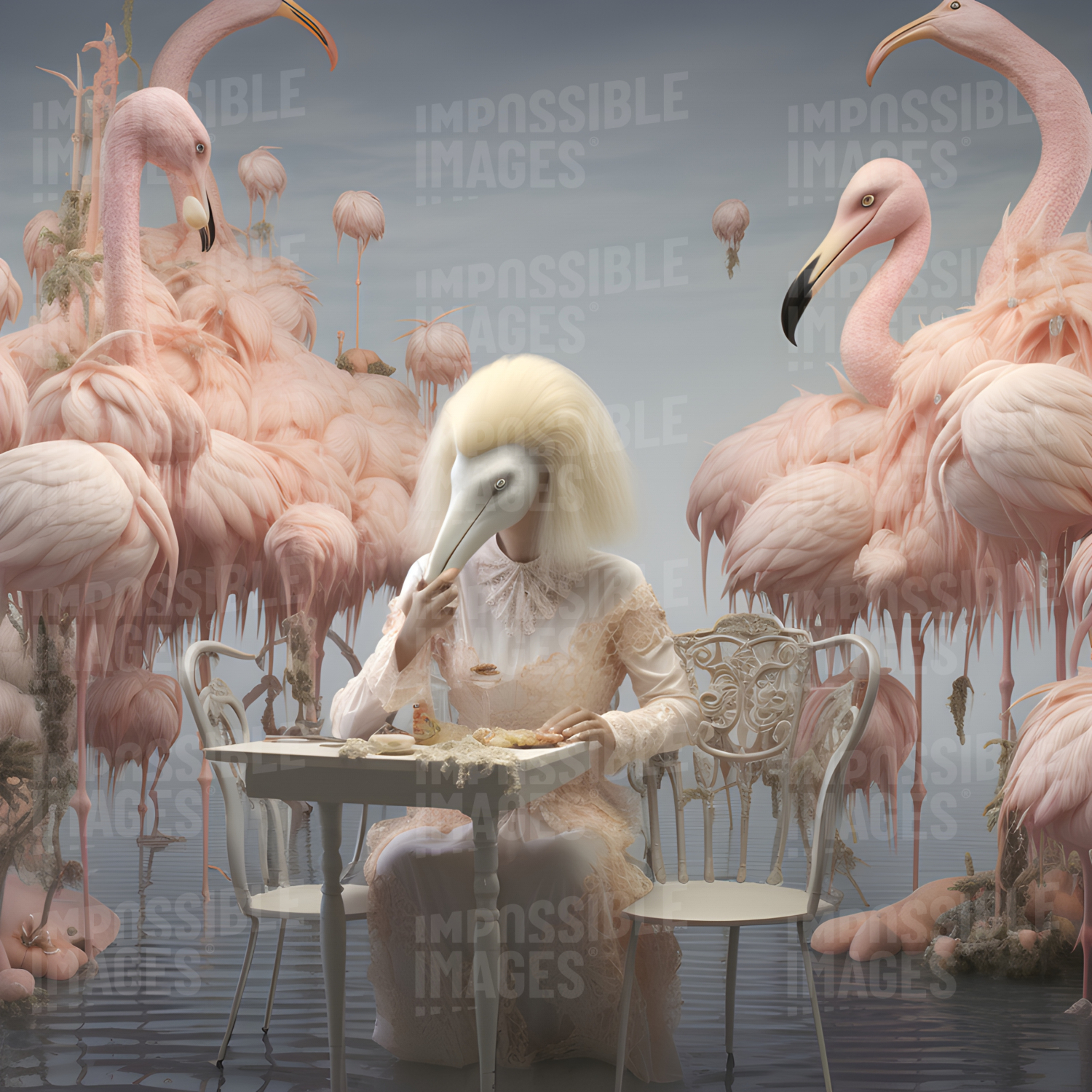 Haunting flamingo-woman hybrid