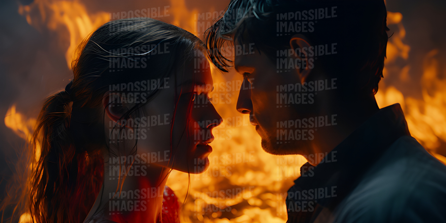 Romantic cinematic shot of a couple gazing into each other’s eyes against a firey background - 