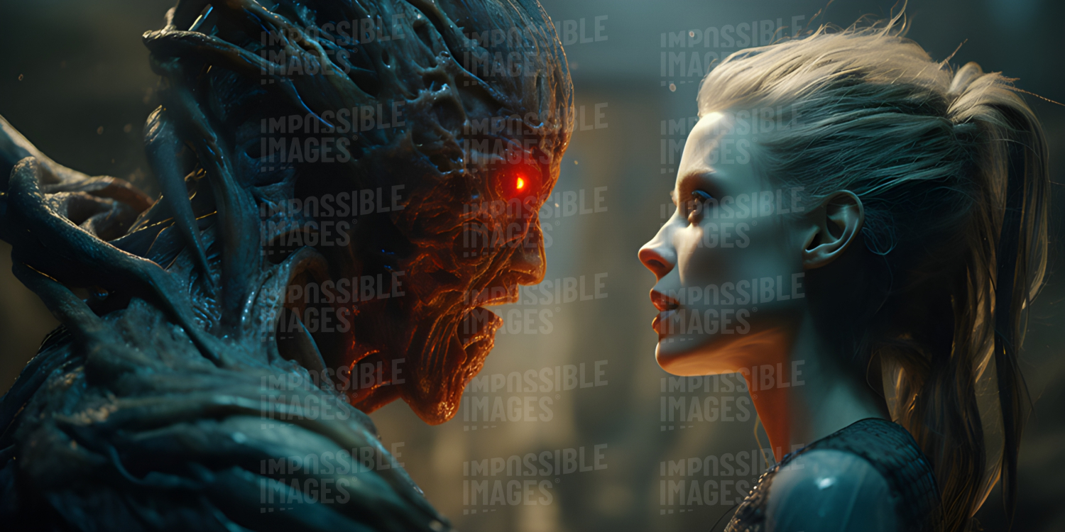 Cinematic shot of a human woman and an alien man gazing into each other’s eyes - 
