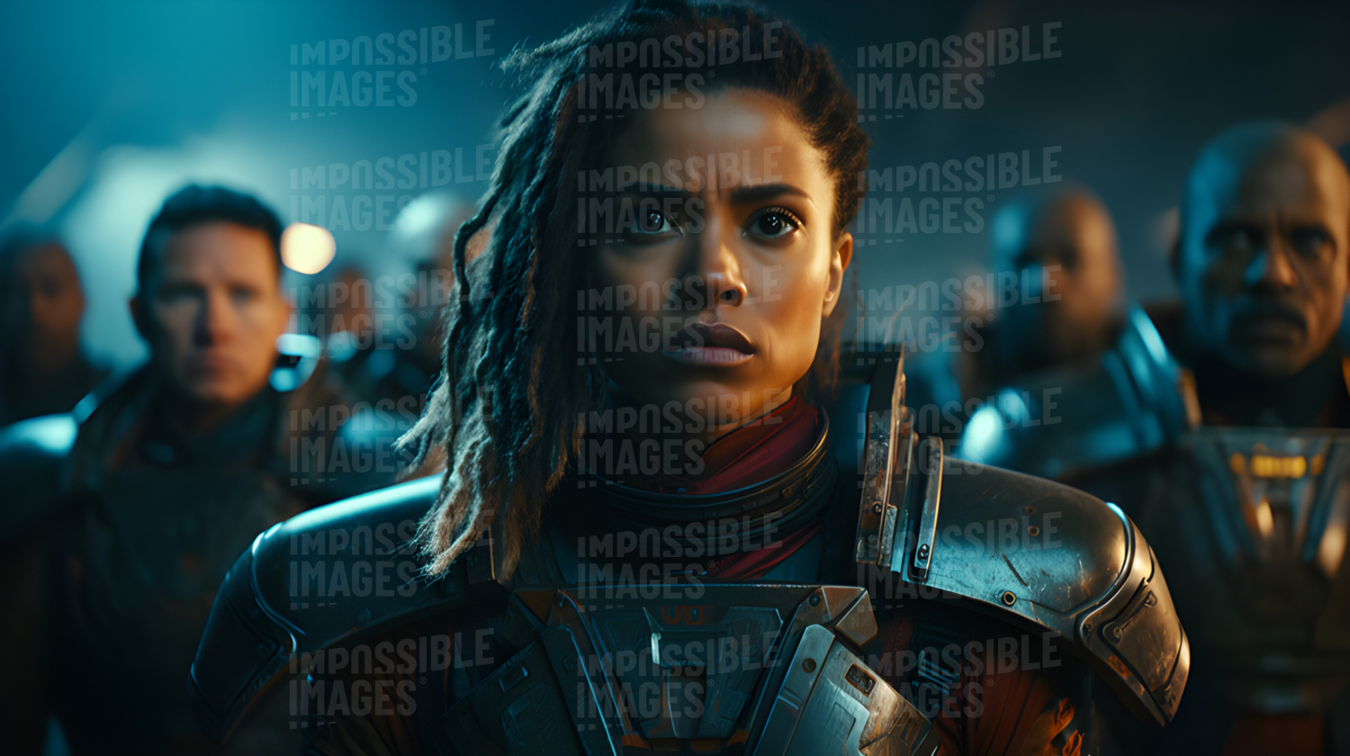 African American sci-fi space warrior in armour leading her squad
