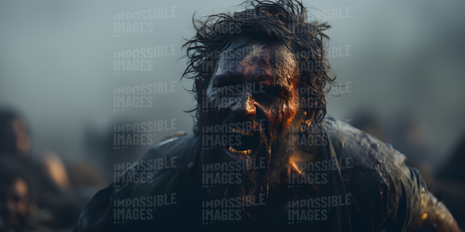Cinematic shot of a bearded, mud-covered man with blood on his face -  A close-up shot of a bearded man with mud and blood covering his face, his expression unreadable.