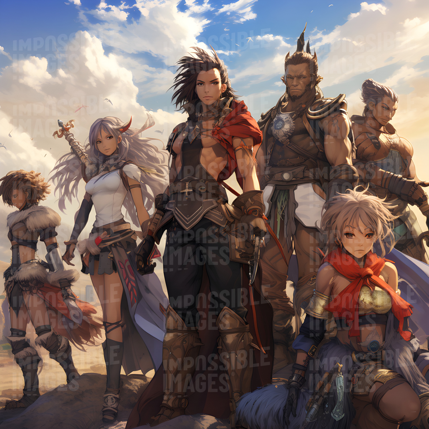 Anime-style party of diverse fantasy adventurers