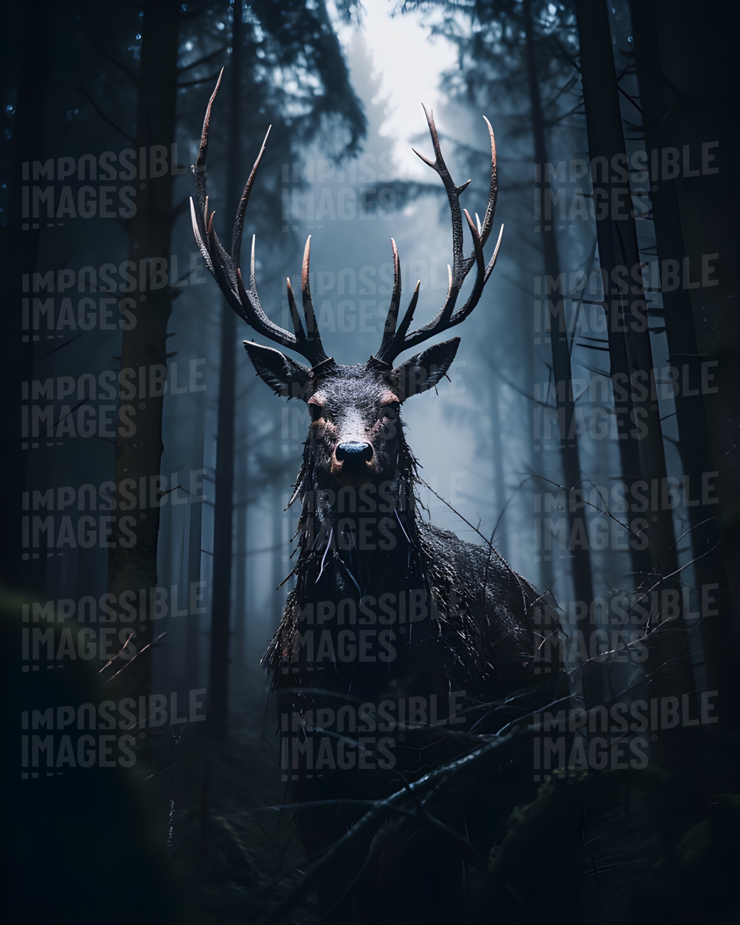 A deranged deer in the woods at dusk
