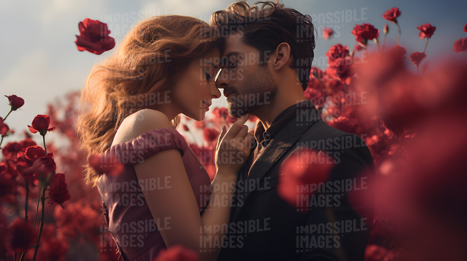 Romantic cinematic shot of a couple embracing surrounded by roses