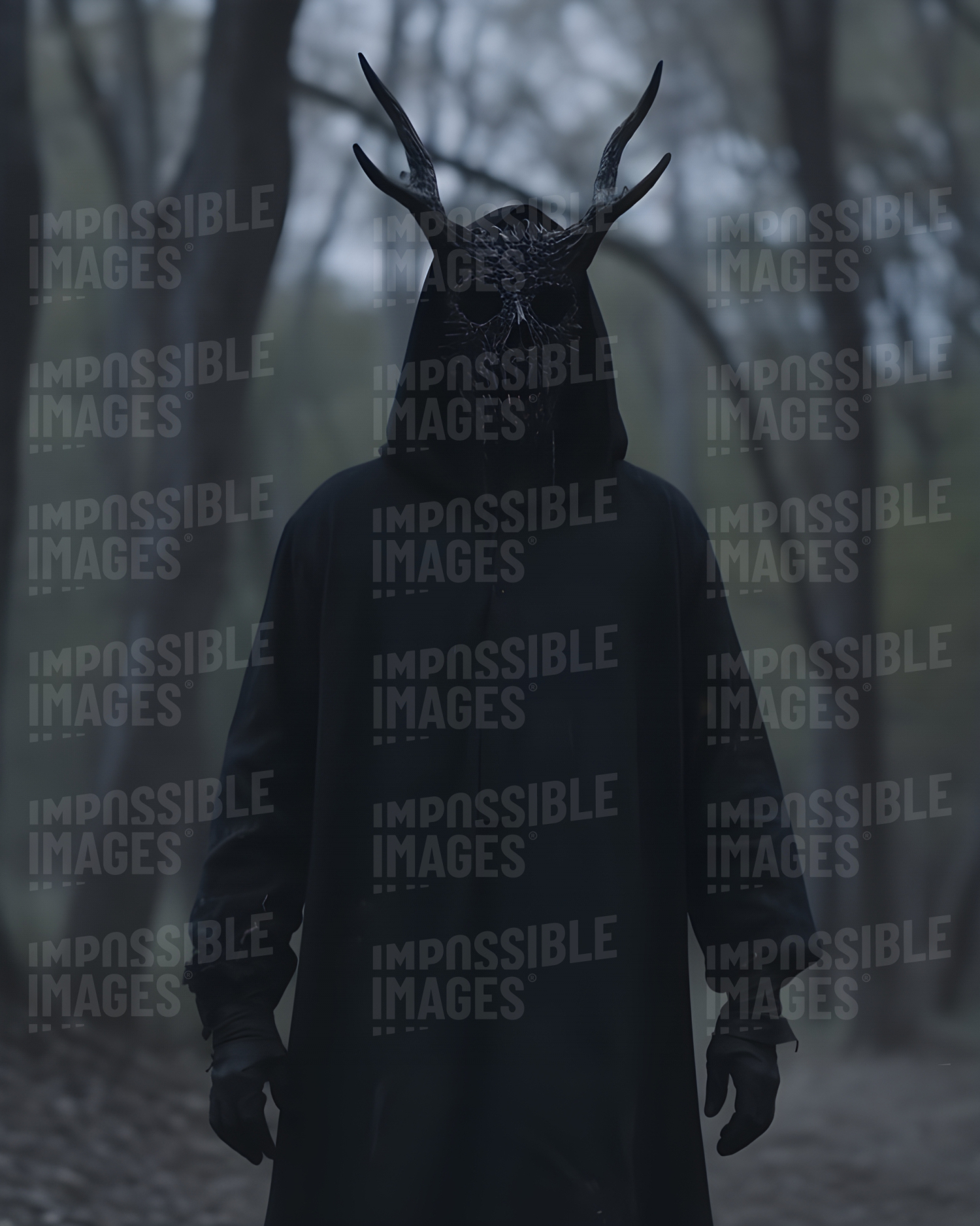 A cultist with a deer mask on in the woods