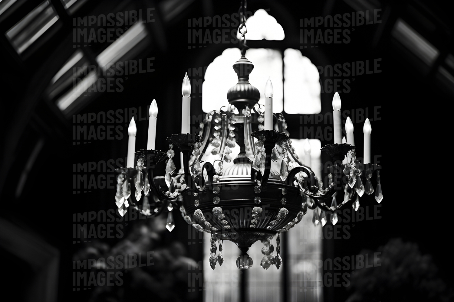 High contrastblack and white photo of an ornate chandelier hanging in the halway of a stately home