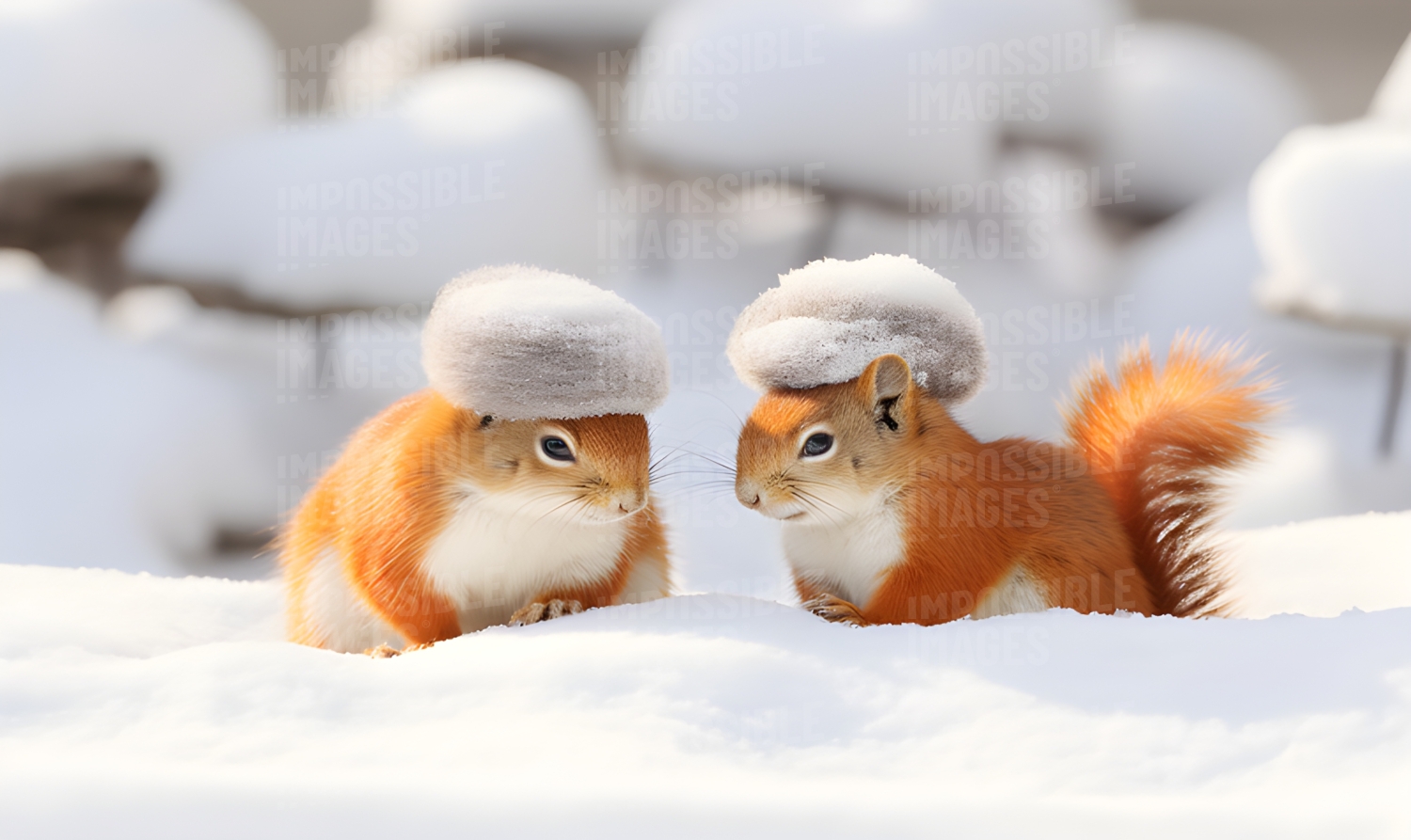 Red squirrels wearing hats in the snow -  Red squirrels wearing colourful hats, playing in the snow, their fluffy tails swishing behind them.