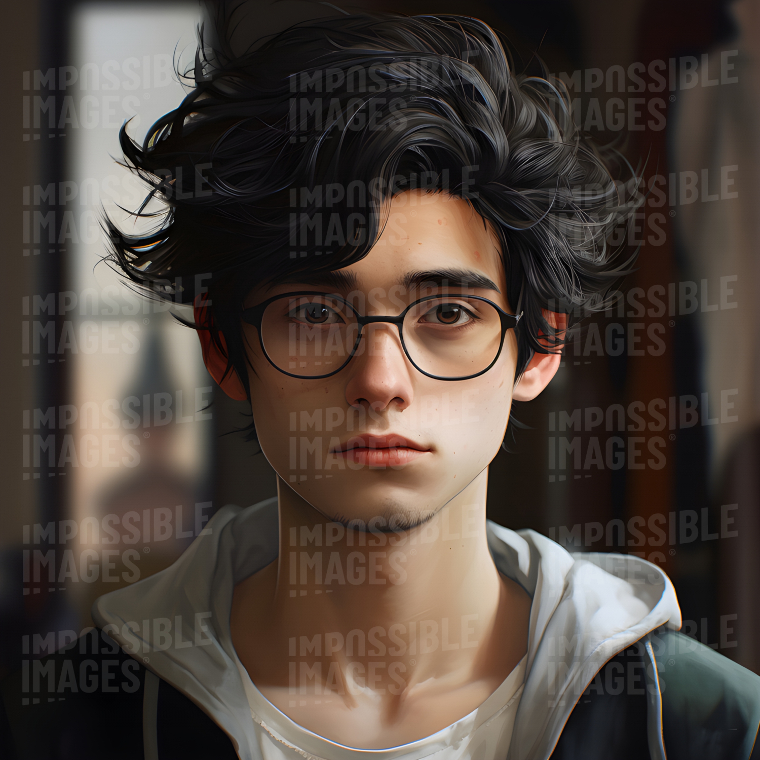 Striking painted portrait of a young man with dark messy hair wearing glasses