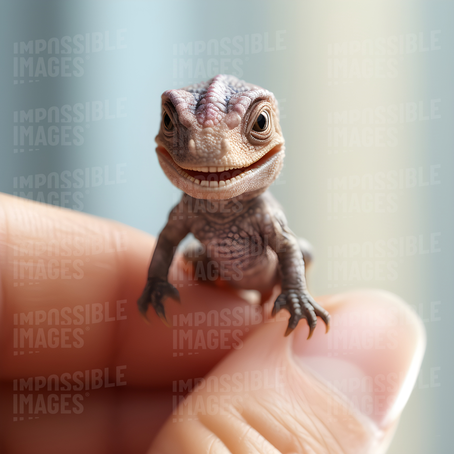 Tiny cute baby dinosaur sitting on its owner’s fingers - 